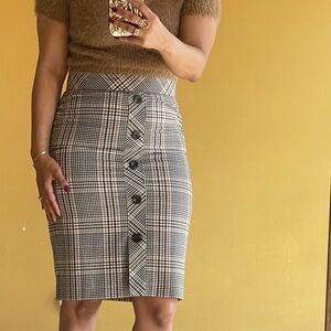 Ann Taylor Plaid Button-Front Pencil Skirt in Brown and Cream